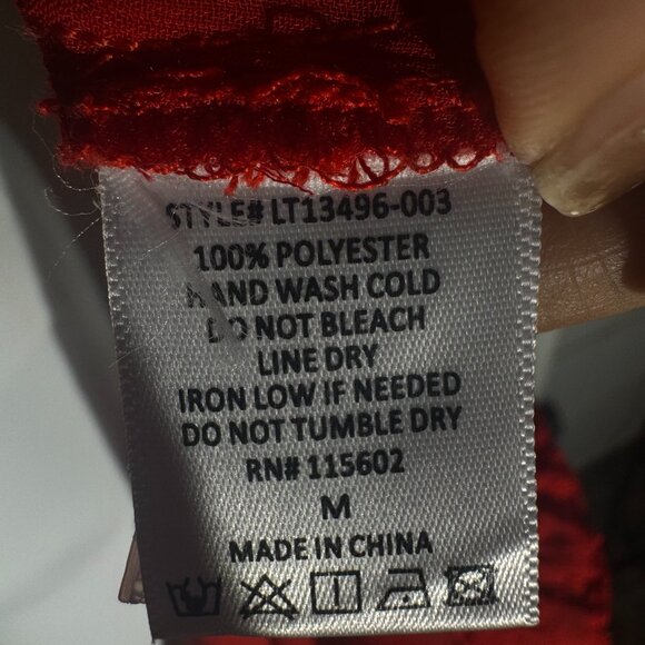 This LUSH red long sleeve blouse features a romantic Swiss dot texture and light - Picture 5 of 11